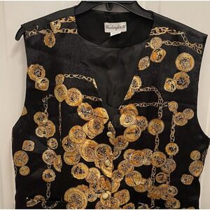 Vintage Gold Coin Medallion Chain Print Luxury Black Vest Heritage Button Womens